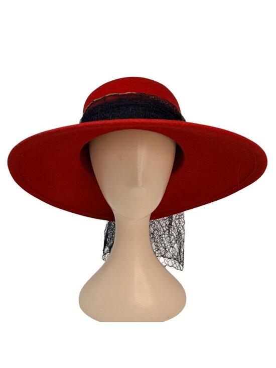 Vintage Red Wool Felt Hat Betmar Wide Brim Veil Dress Hat 1980s main image 10